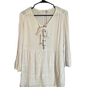 Time and Tru White Floral Embroidery Long Sleeve Lace Up Blouse Women Sz S